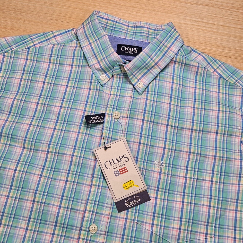 Chaps Button Down Shirt Mens M Sea Breeze Plaid Stretch Easy Care NEW